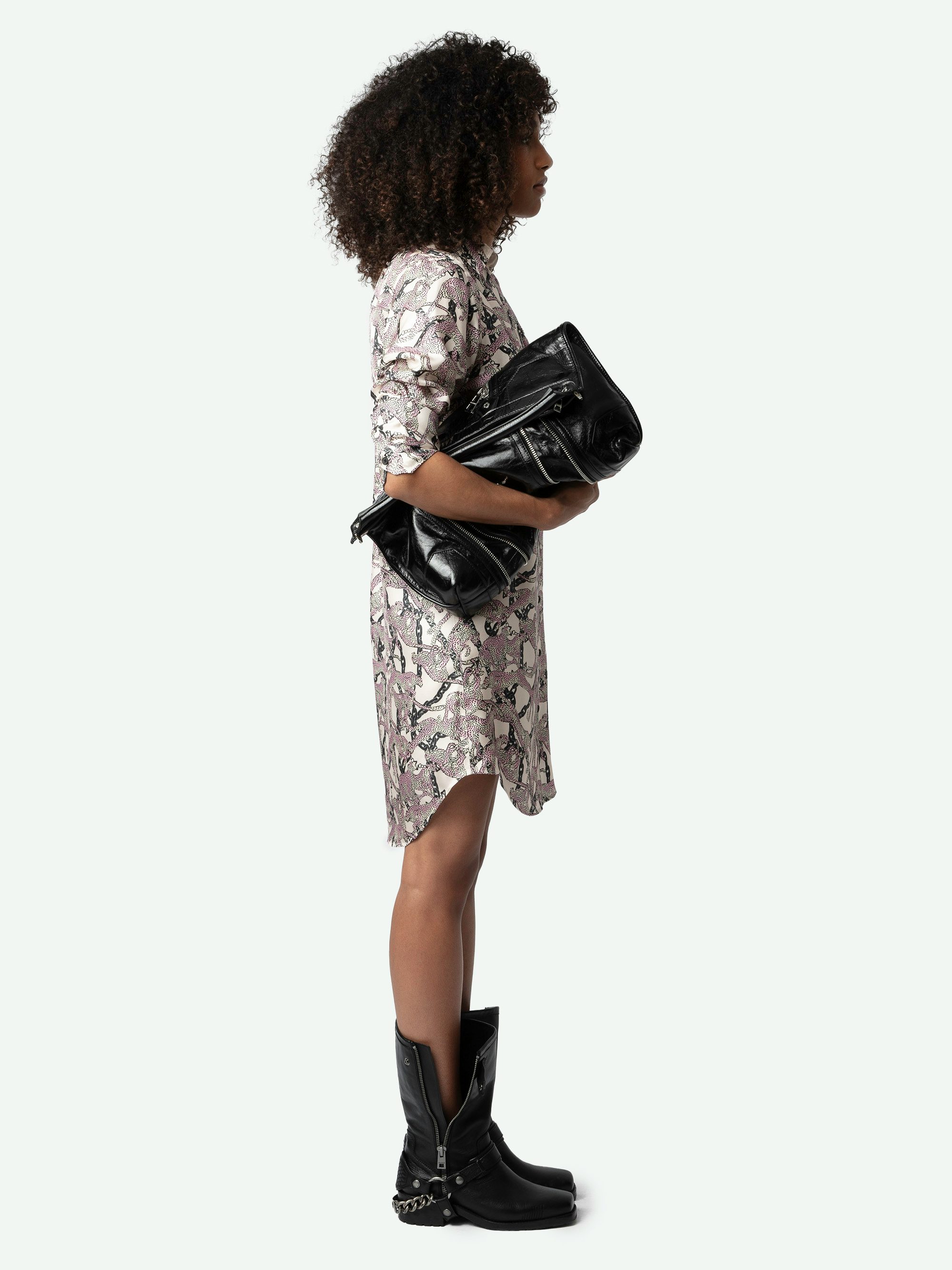 Rais Silk Dress - Short shirt dress in ecru silk twill with leopard and chain print and button fastening.